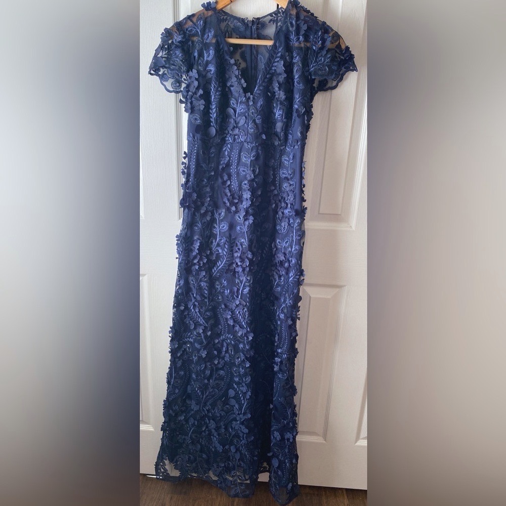 CARMEN MARC VALVO INFUSION Navy 3D Floral‎ Appliqué Sequin Mermaid Maxi Dress S - Picture 3 of 15